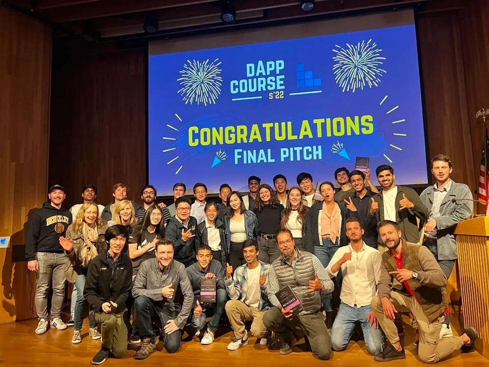 Tommaso with the Berkeley dApp course group after their 2022 final pitch